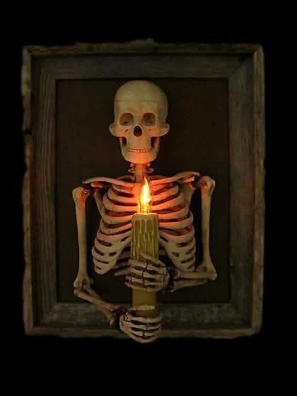 "Framed 3D Skeleton Torso Holding Candle" Hanging Haunted House Decoration 1 "Framed 3D Skeleton Torso Holding Candle" Hanging Haunted House Decoration
